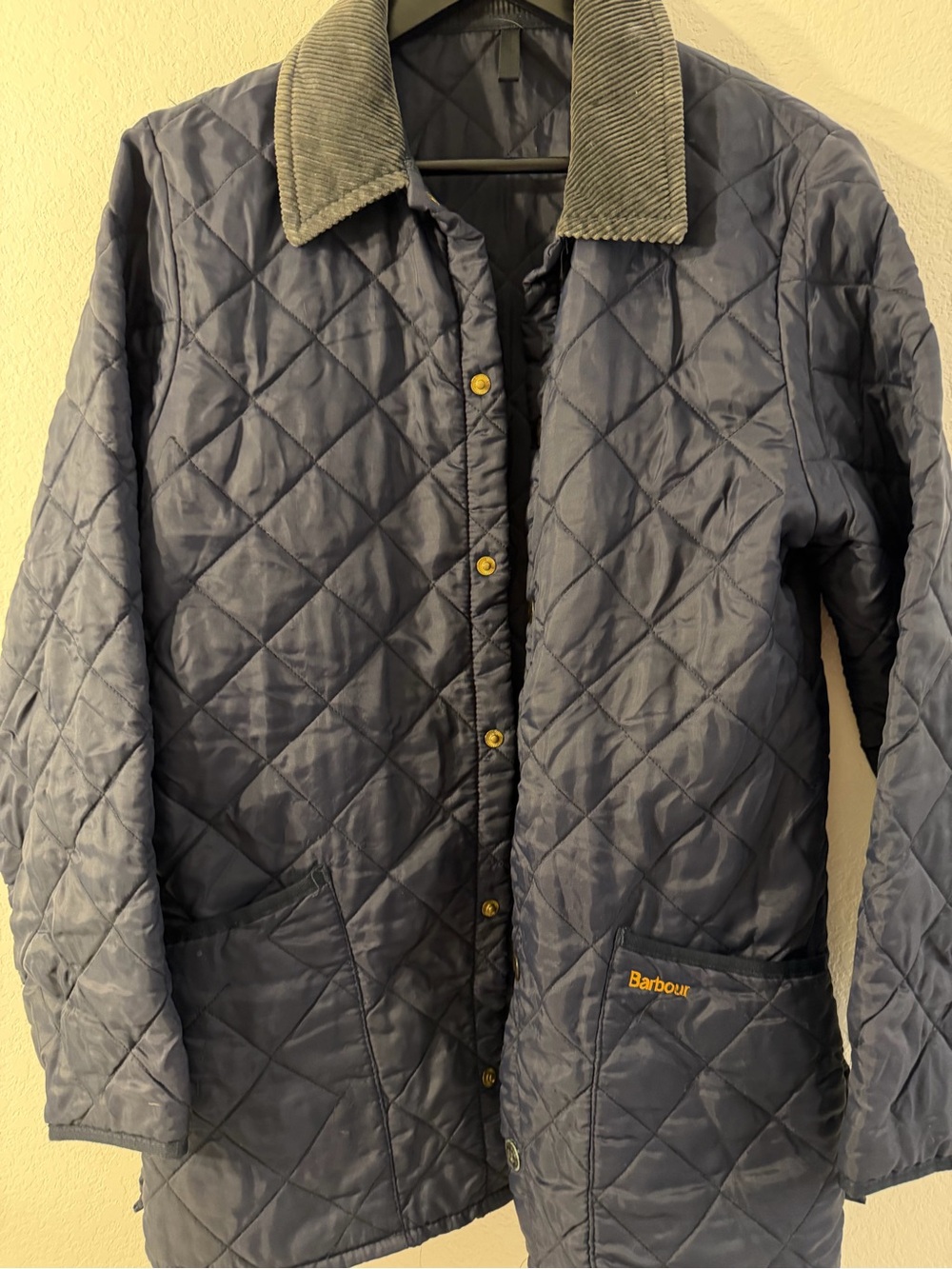 Barbour Liddesdale 90’s vintage Navy Quilted Jacket with Green Corduroy Collar